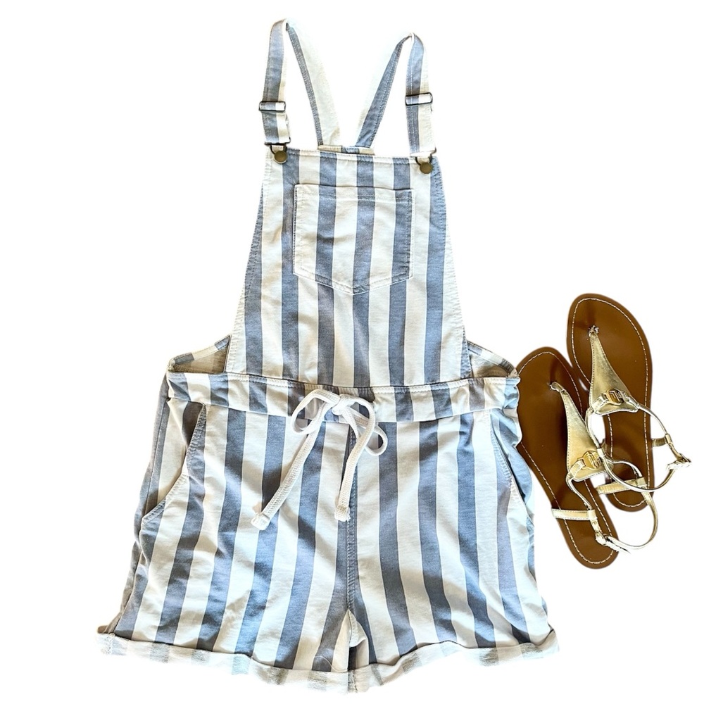 Blue and White Striped Short Overalls. Size medium